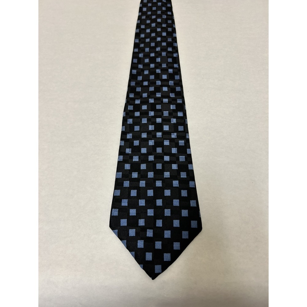 Polo Ralph Lauren Mens Hand Made in USA Squares Print Silk Tie Black Blue